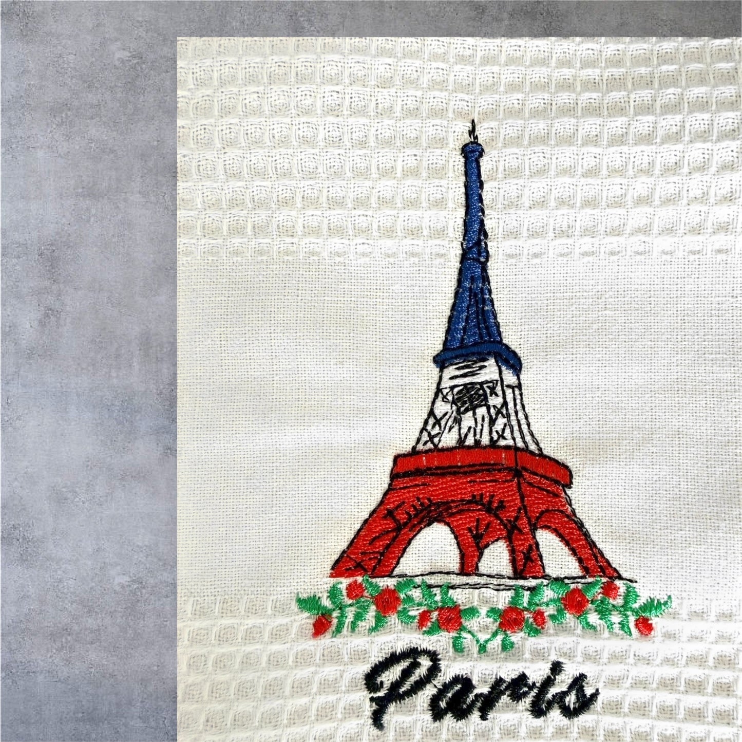 【予約】フレンチスタイル 刺繍のキッチンクロス（エッフェル塔デザイン）