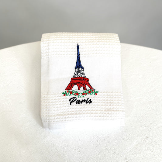【予約】フレンチスタイル 刺繍のキッチンクロス（エッフェル塔デザイン）